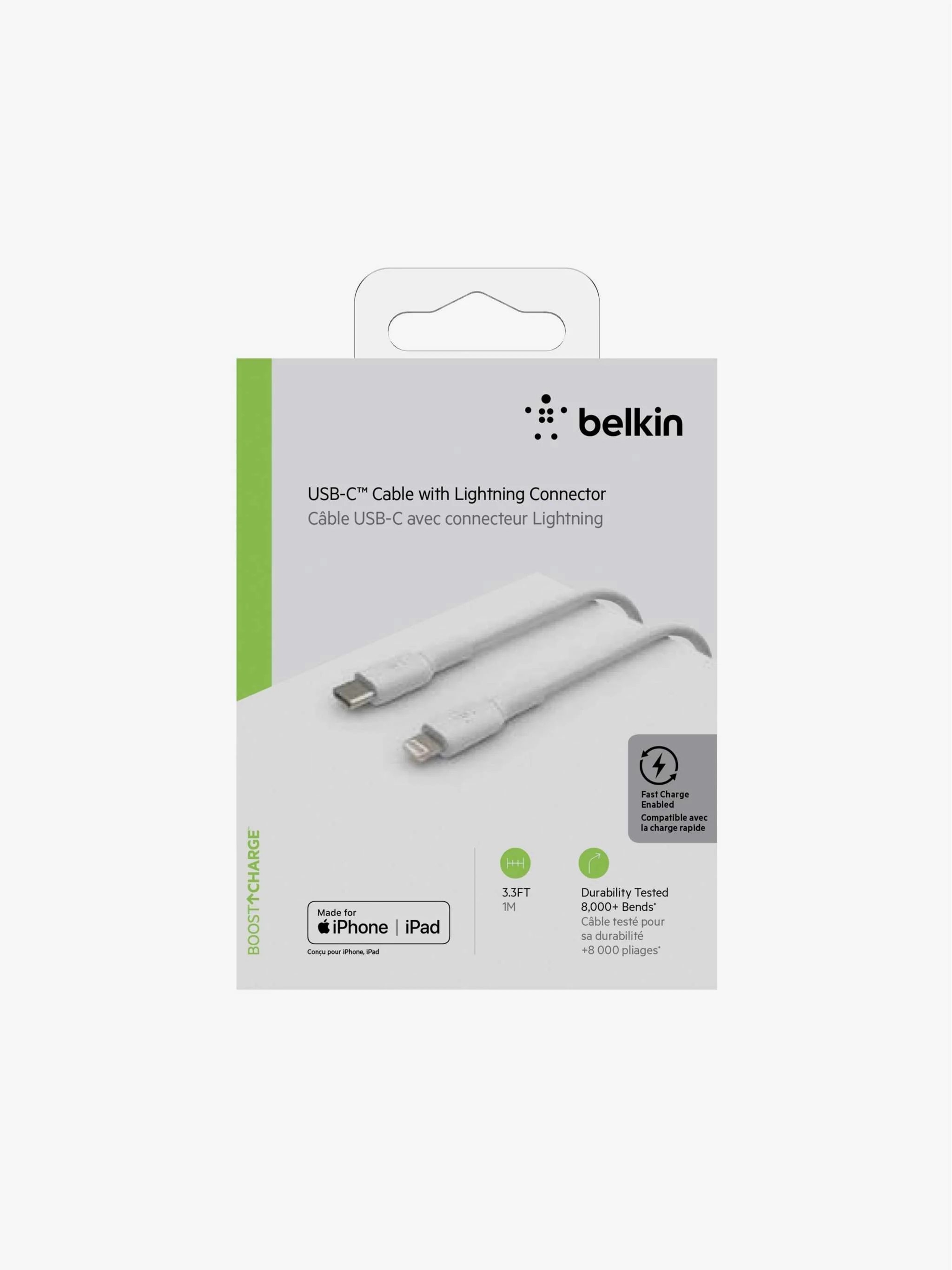 Cable Boost Charge Belkin USB-C a Lightning 1 Metro, color Blanco, CAA003BT1