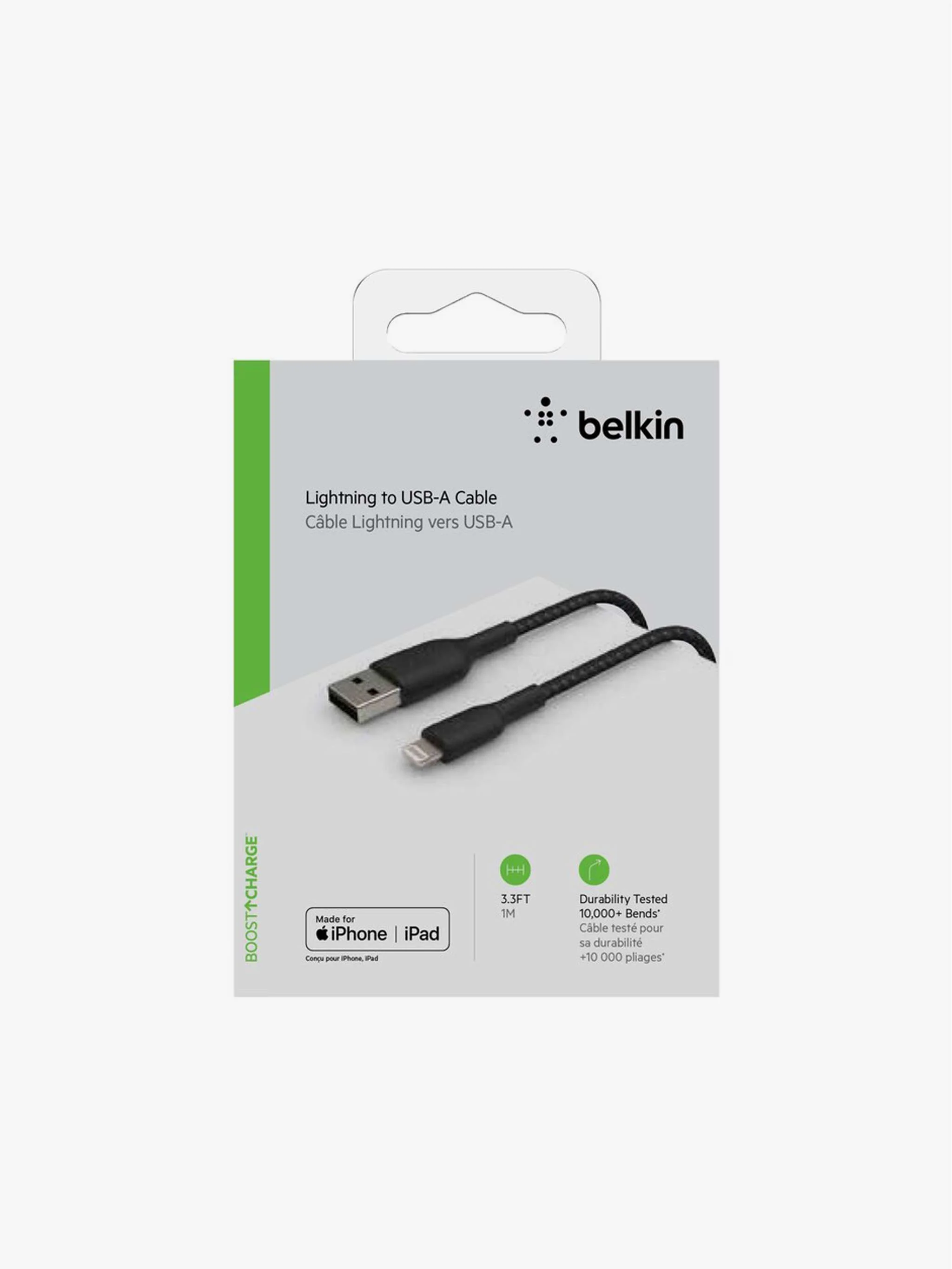 Cable Carga Rápida Belkin Lightning a USB-A 1 Metro, color Negro, CAA002BT1