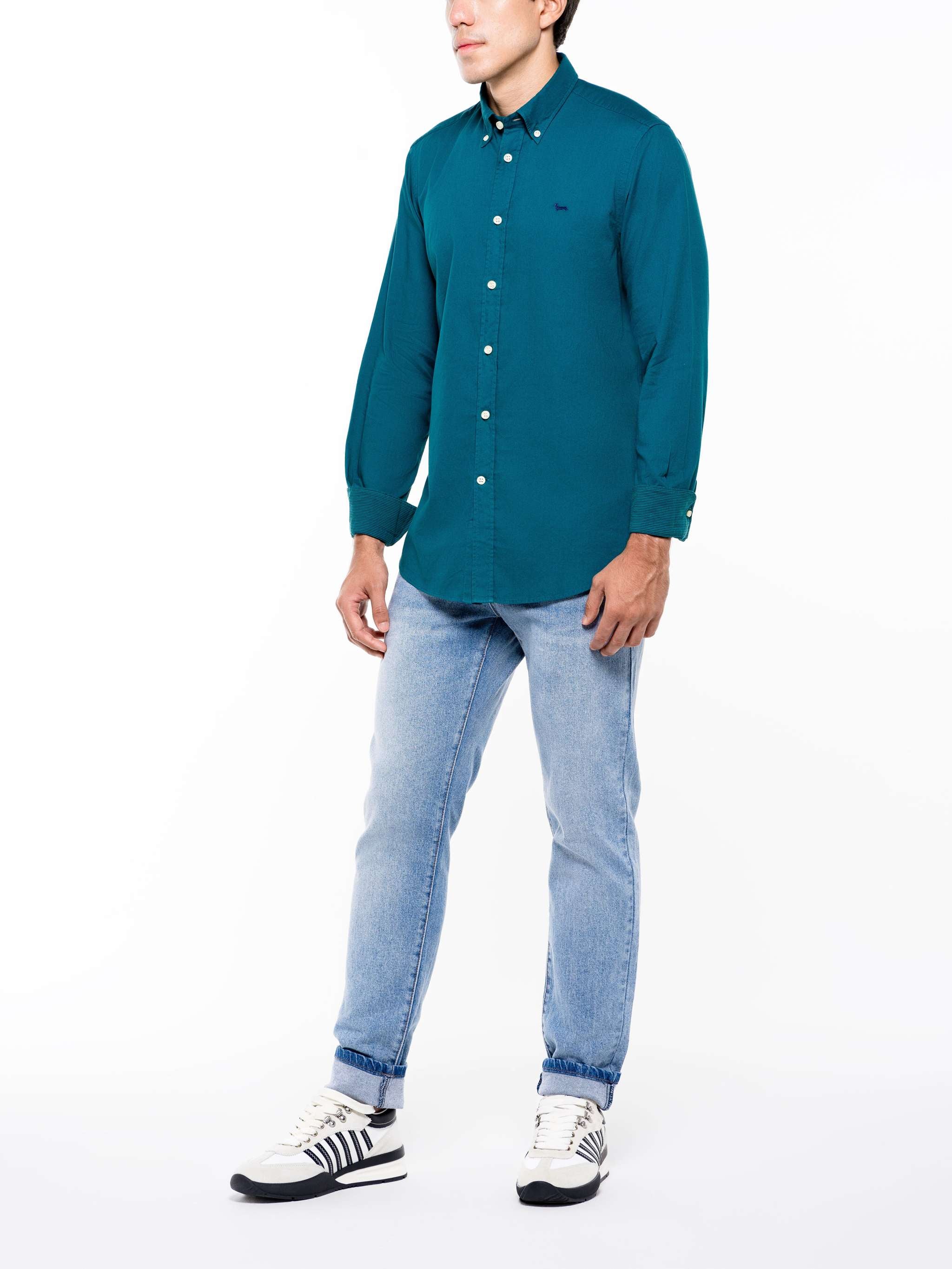 Camisa manga larga 2 contrastes internos, color turquesa, para Caballeros - Image 2